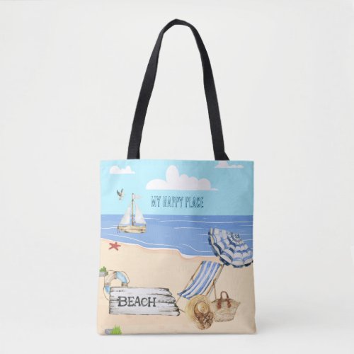 Fun At the Beach Blue Aqua Watercolor Scene Tote Bag