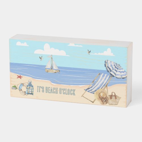 Fun At the Beach Blue Aqua Watercolor Scene Wooden Box Sign