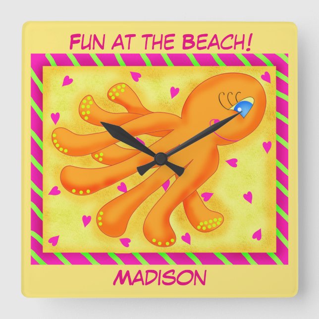 Fun at the Beach Whimsy Octopus Yellow Name Square Wall Clock (Front)