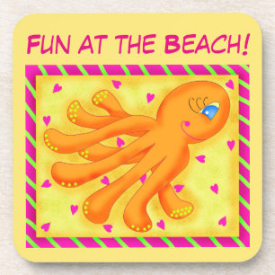 Fun at the Beach Whimsy Octopus Yellow Orange Beverage Coaster