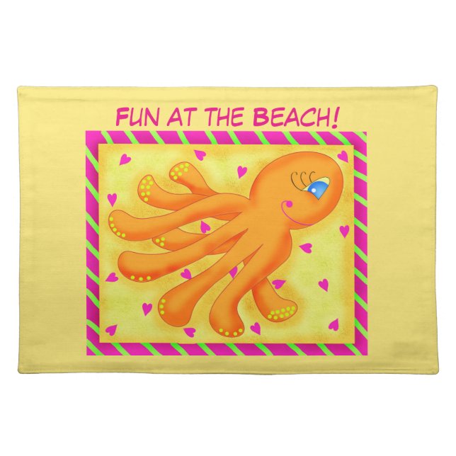 Fun at the Beach Whimsy Octopus Yellow Orange Cloth Placemat (Front)