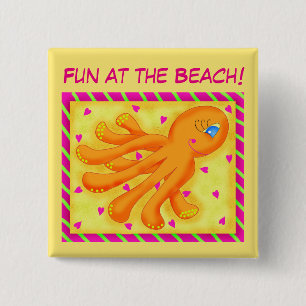 Fun at the Beach Whimsy Octopus Yellow Orange Pinback Button