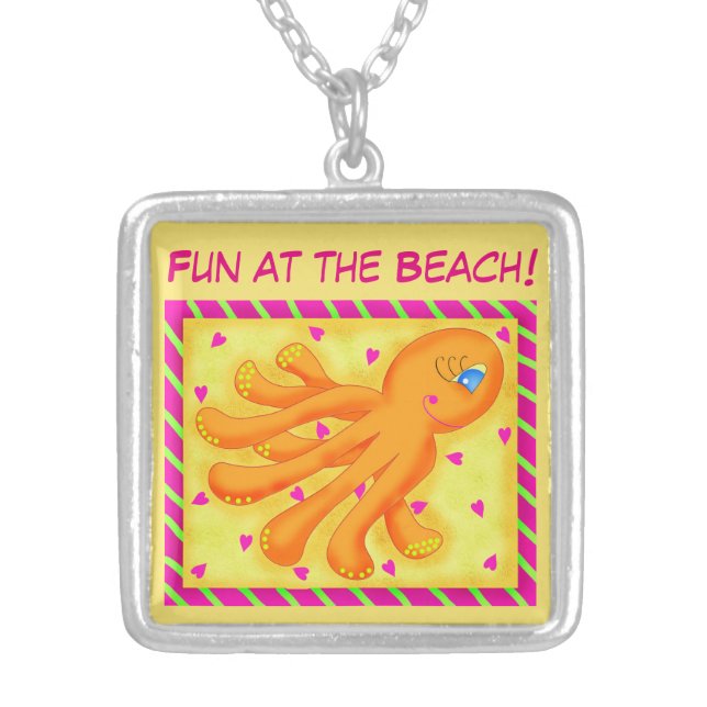 Fun at the Beach Whimsy Octopus Yellow Orange Silver Plated Necklace (Front)