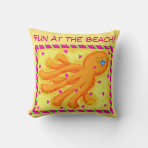 Fun at the Beach Whimsy Octopus Yellow Orange Throw Pillow