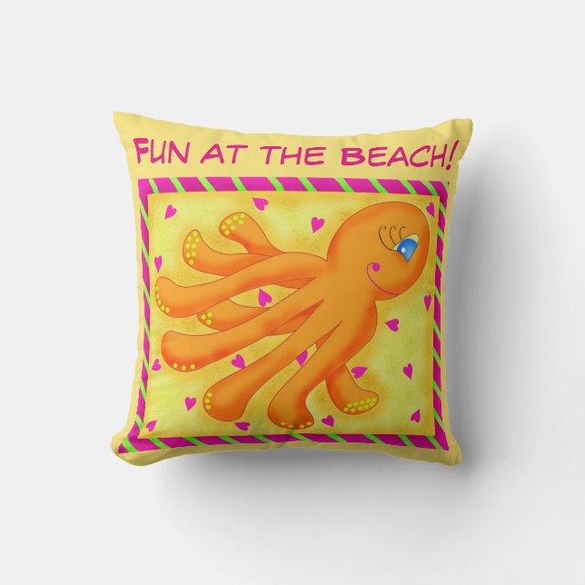Fun at the Beach Whimsy Octopus Yellow Orange Throw Pillow (Front)