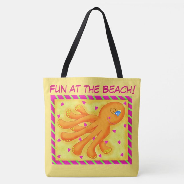 Fun at the Beach Whimsy Octopus Yellow Orange Tote Bag (Front)