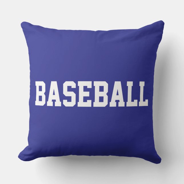 Fun Athletic Bold White BASEBALL Text On Deep Blue Throw Pillow (Front)