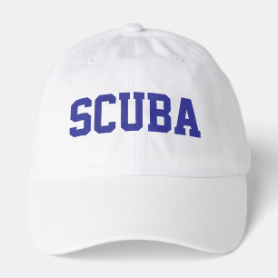 Fun Athletic Deep Blue SCUBA Text White Background Hat
