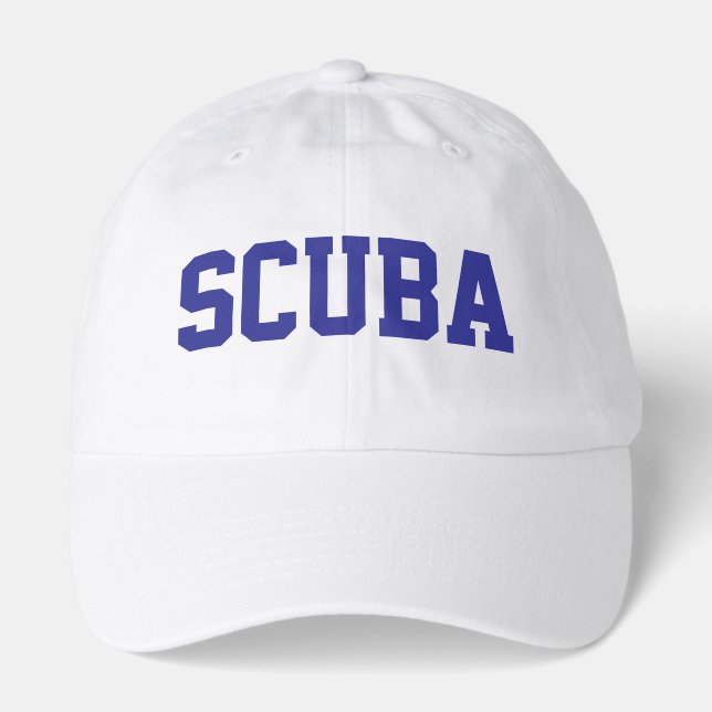Fun Athletic Deep Blue SCUBA Text White Background Hat (Front)