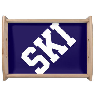 Fun Athletic Diagonal White SKI Text On Navy Blue Serving Tray