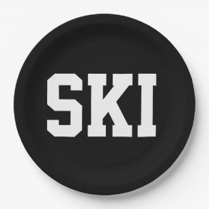 Fun Athletic Sporty White SKI Text On Modern Black Paper Plates