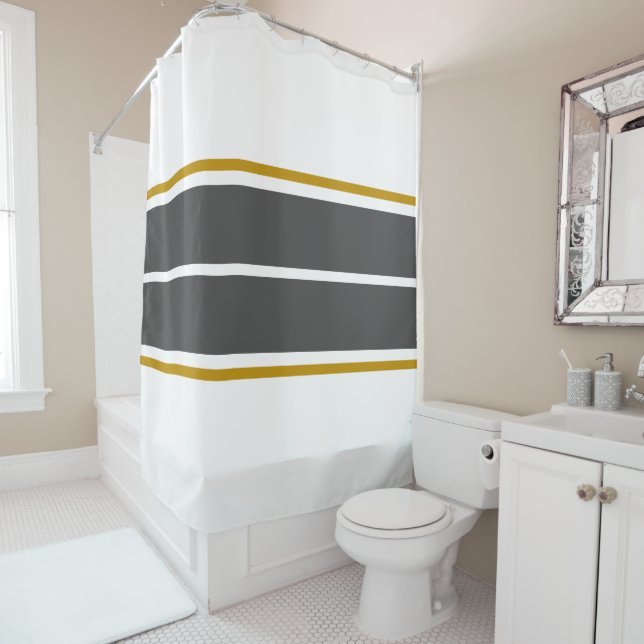 Fun Athletic Twin Gray White Sporty Racing Stripes Shower Curtain (In Situ)