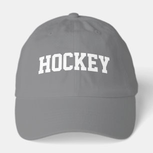 Fun Athletic White HOCKEY Text Gray Background Hat