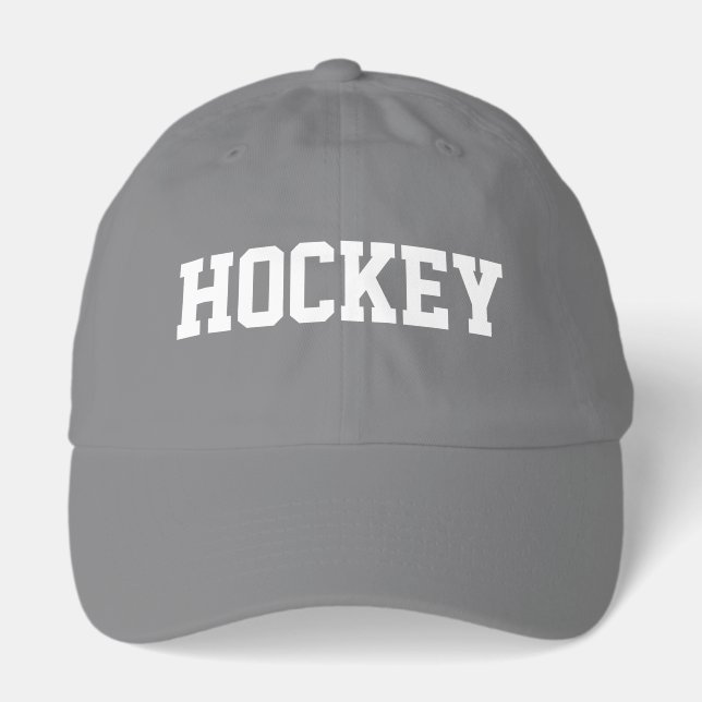 Fun Athletic White HOCKEY Text Gray Background Hat (Front)