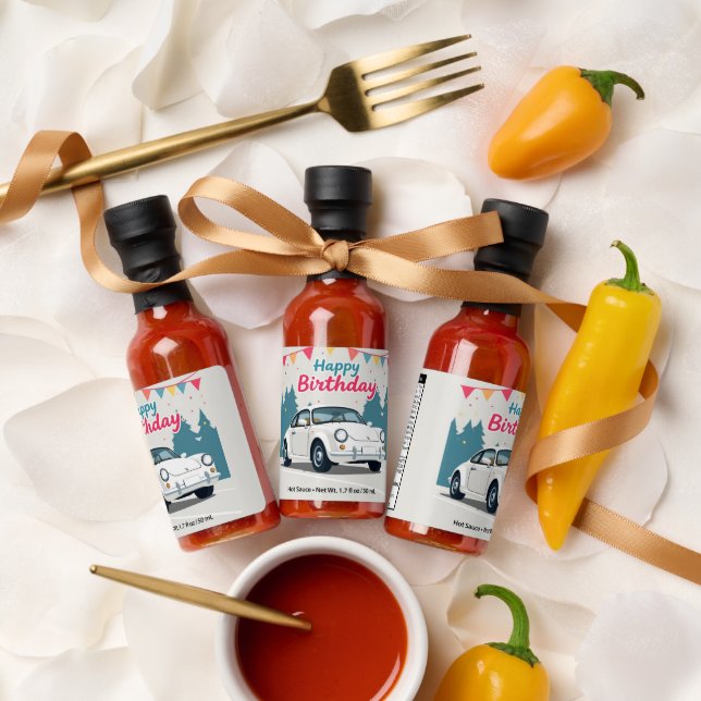 Fun Auto-Themed Happy Birthday Hot Sauces (Wedding)