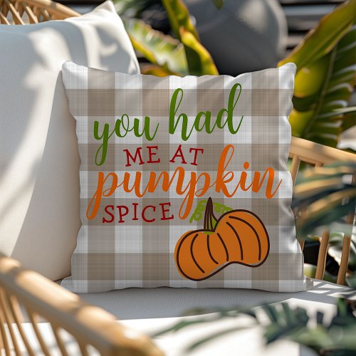 Fun Autumn Quote Orange Pumpkin On Gingham Pattern Outdoor Pillow