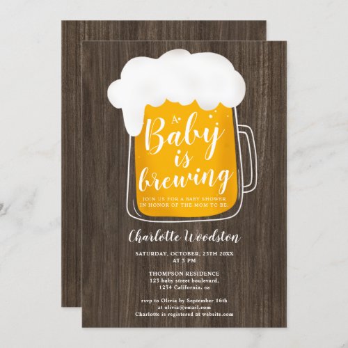 Fun baby brewing beer pint brown wood baby shower invitation