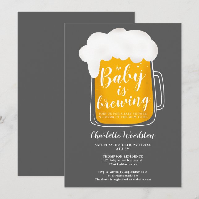 Fun baby brewing beer pint dark gray baby shower invitation (Front/Back)