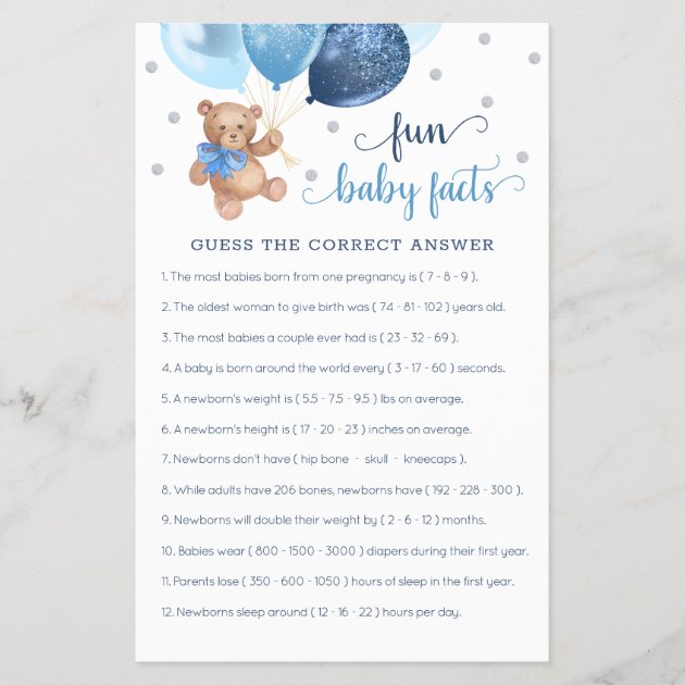 Fun Baby Facts Game Baby Shower Teddy Bear | Zazzle