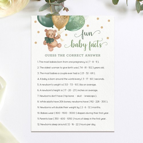 Fun Baby Facts Game Baby Shower Teddy Bear Card