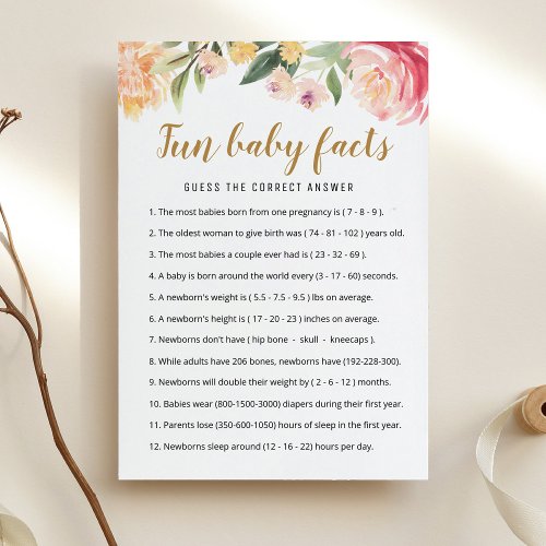 Fun Baby Facts Game with Answers Baby Shower Card