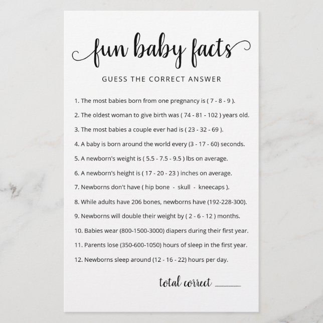 Fun Baby Facts Game with Answers Baby Shower party (Front)