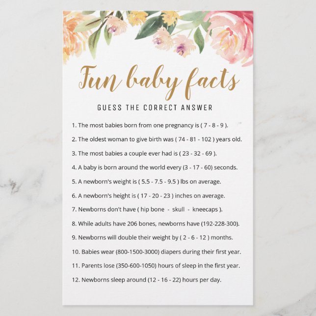 Fun Baby Facts Game with Answers Baby Shower party (Front)