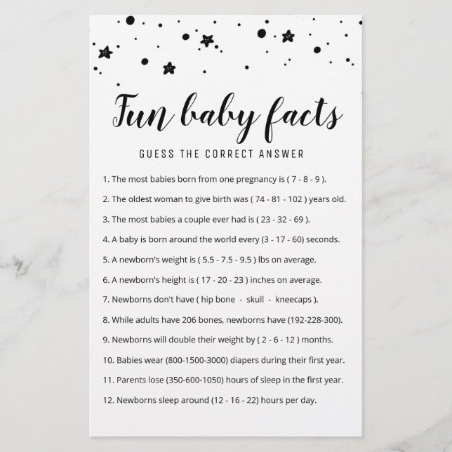 Fun Baby Facts Game with Answers Baby Shower party (Front)