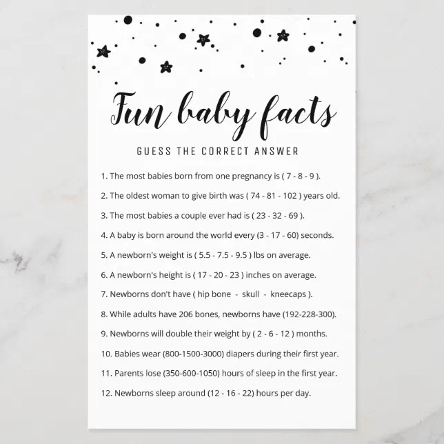 Fun Baby Facts Game with Answers Baby Shower party Zazzle
