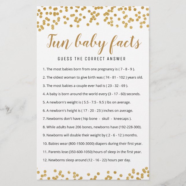 Fun Baby Facts Game with Answers Baby Shower party (Front)