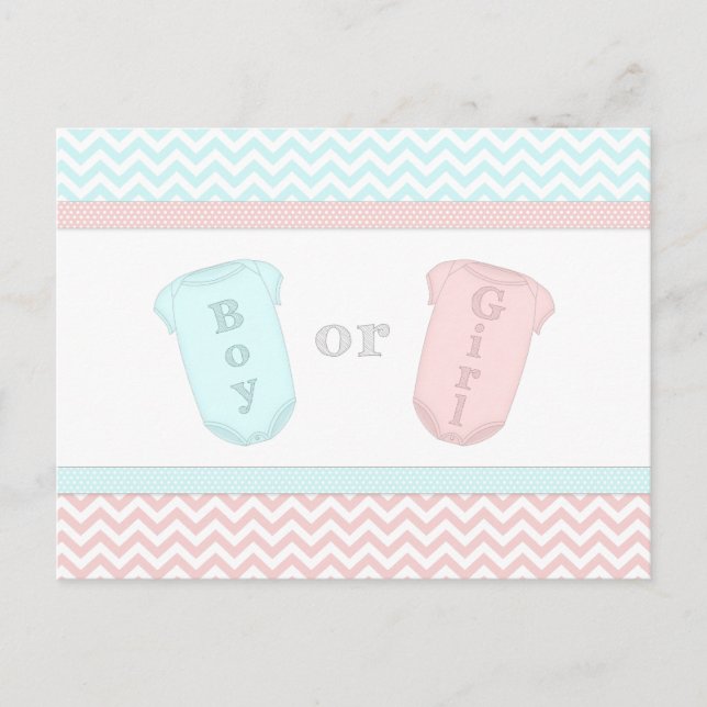 Fun Baby One Piece Pink and Blue Gender Reveal Invitation Postcard (Front)