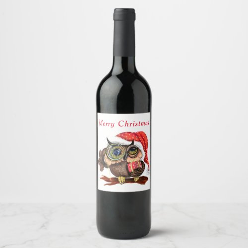 Fun Baby Owl In Christmas Hat and Gift For You  Wine Label