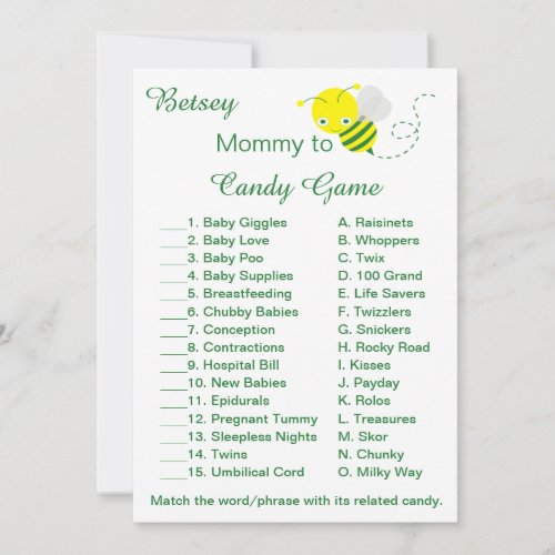 Fun Baby Shower Candy Game Cards