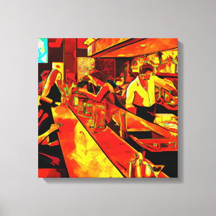 Fun Bar Scene Bartender and Customers Canvas Print