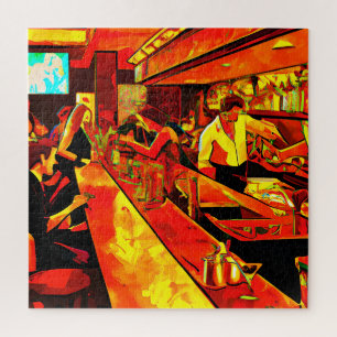 Fun Bar Scene Bartender and Customers Jigsaw Puzzle
