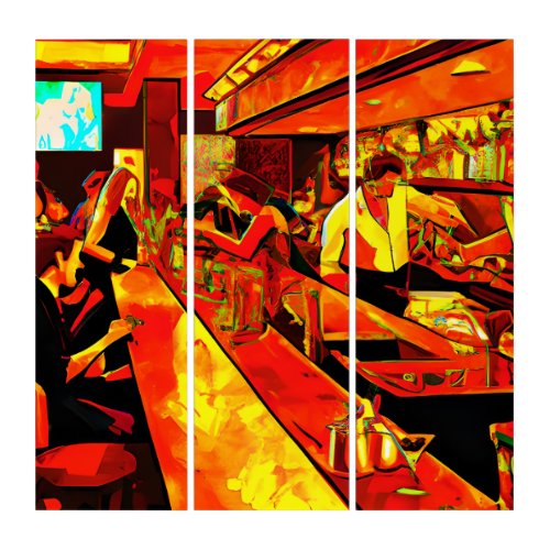 Fun Bar Scene  Bartender and Customers Triptych