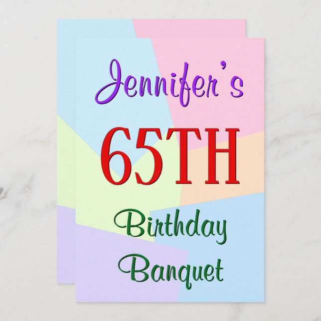 Fun, Basic "65th Birthday Banquet" Invitation (Front/Back)