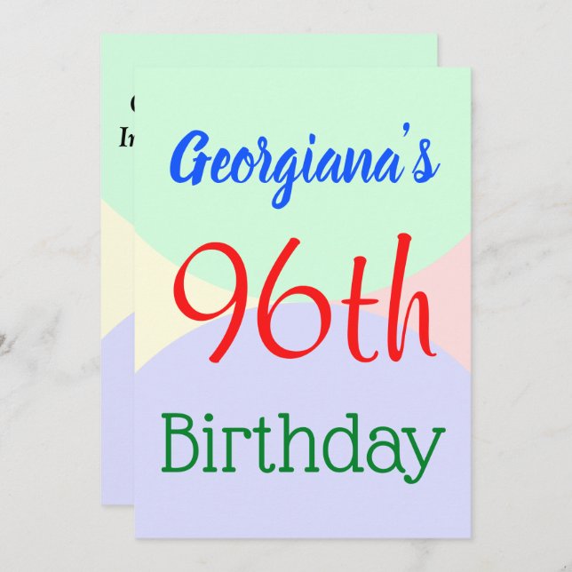 Fun, Basic "96th Birthday" Birthday Invitation (Front/Back)