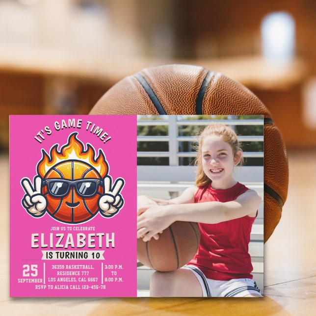 Fun Basketball Birthday Girl with photo Invitation (Creator Uploaded)