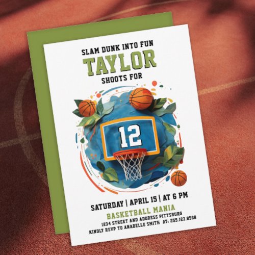 Fun Basketball Hoop Green Blue Kids Birthday Party Invitation