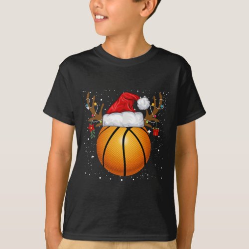 Fun Basketball Reindeer Santa Hat Christmas Holida T_Shirt