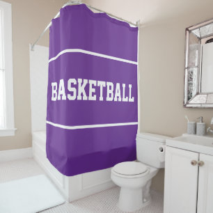 Fun BASKETBALL White Text Stripes On Royal Purple Shower Curtain