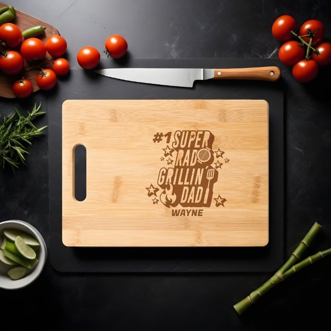 Fun BBQ #1 Super Rad Grillin' Dad Custom Name Engraved Cutting Board (Fun BBQ #1 Super Rad Grillin' Dad Custom Name Cutting Board)