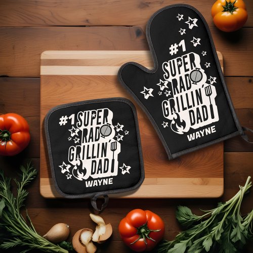 Fun BBQ 1 Super Rad Grillin Dad Custom Name Oven Mitt  Pot Holder Set