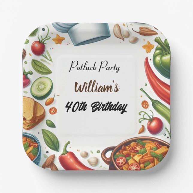 Fun Bbq Taco Chef Soup Potluck Party 40th Birthday Paper Plates (Front)