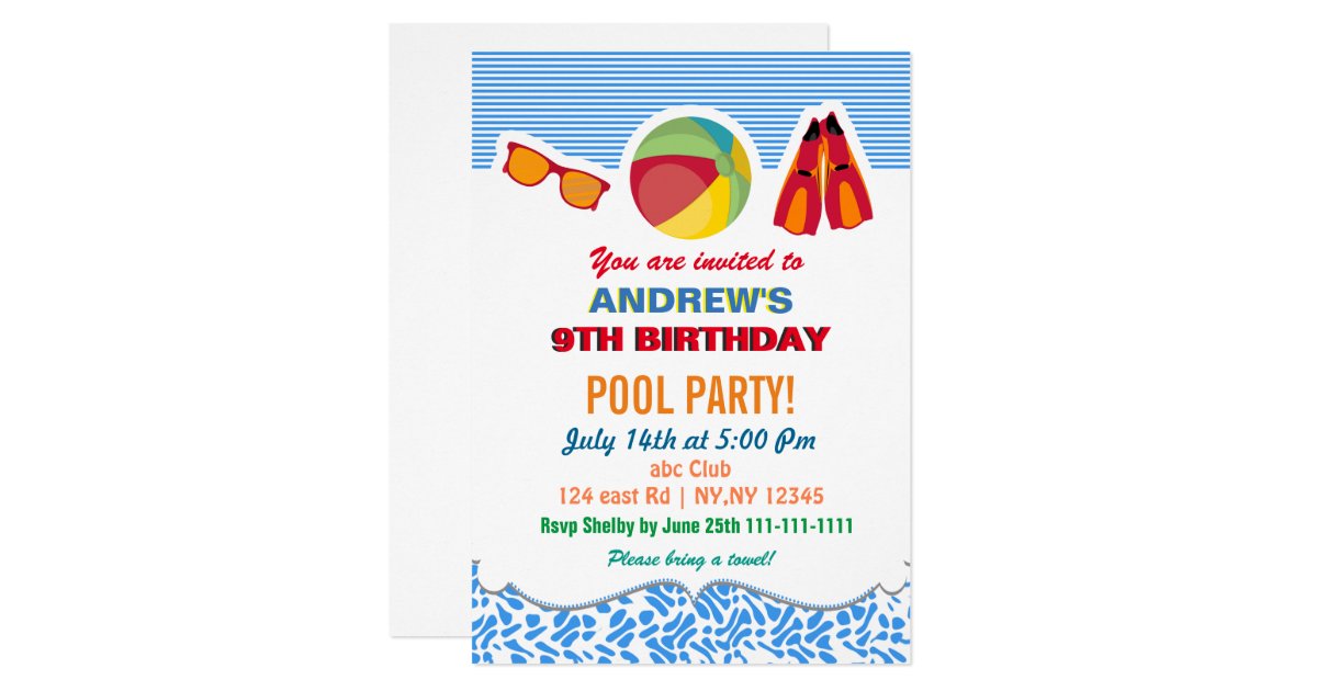 Fun Beach Ball Flippers Boys Pool Party Invitation | Zazzle.com
