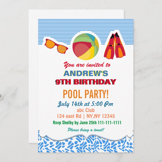 Fun Beach Ball Flippers Boys Pool Party Invitation (Front/Back)