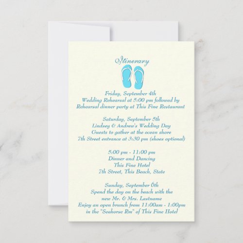 Fun Beach Flip Flops Blue Wedding Intinerary Personalized Invitations