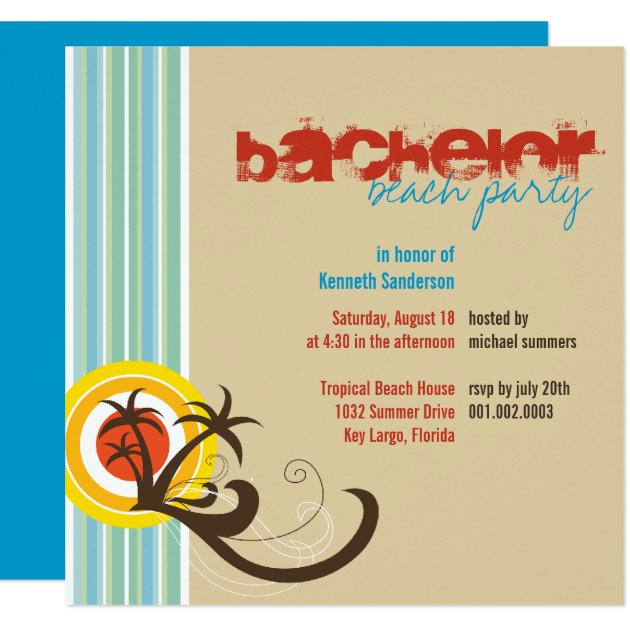 Fun Beach Holiday Bachelor Guys Party Invite