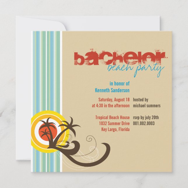 Fun Beach Holiday Bachelor Guys Party Invite (Front)
